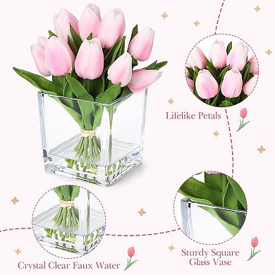 12 Pcs Artificial Tulip Stems, Real Touch Pink Faux Tulips Flowers