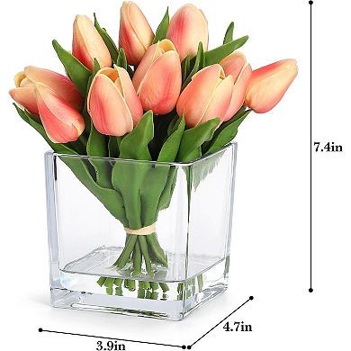 12 Pcs Artificial Tulip Stems, Real Touch Pink Faux Tulips Flowers
