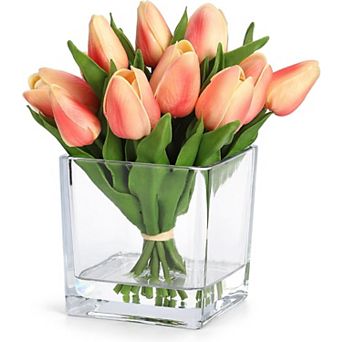 12 pc Artificial Tulip Stems, Real Touch Pink Faux Tulips Flowers