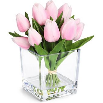 12 pc Artificial Tulip Stems, Real Touch Pink Faux Tulips Flowers