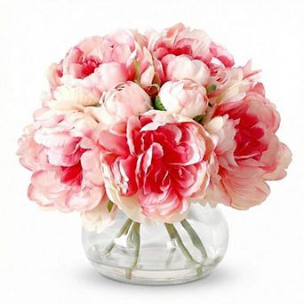 Realistic Fake Peony Bouquet in Glass Vase with Faux Water