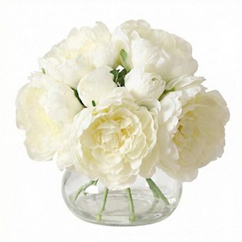 Realistic Fake Peony Bouquet in Glass Vase with Faux Water