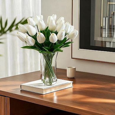 20-Piece Real Touch Artificial Tulips in Glass Vase with Faux Water