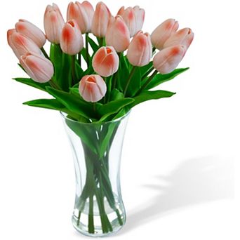20 pc Real Touch Artificial Tulips in Glass Vase with Faux Water