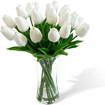 20 pc Real Touch Artificial Tulips in Glass Vase with Faux Water