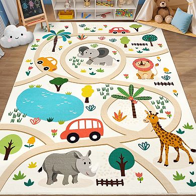 Animal Print Educational Kids Washable Play Rug