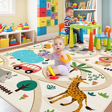 Animal Print Educational Kids Washable Play Rug