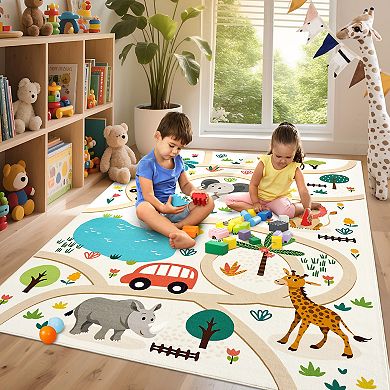 Animal Print Educational Kids Washable Play Rug