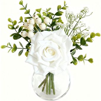 6 pc Faux Flowers in Vase, Artificial Wedding Table Centerpieces White Rose