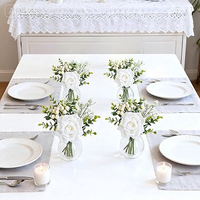 6pcs Faux Flowers in Vase, Artificial Wedding Table Centerpieces White Rose