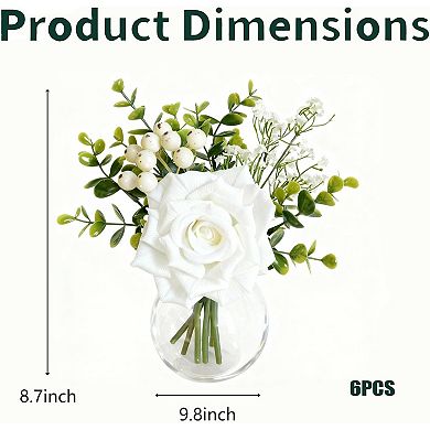 6pcs Faux Flowers in Vase, Artificial Wedding Table Centerpieces White Rose