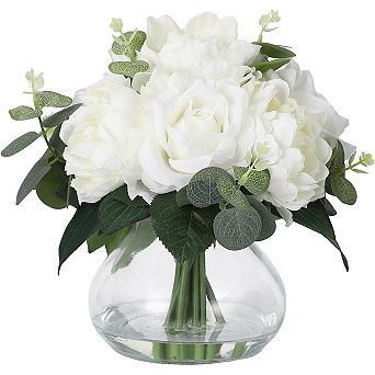 4 Roses & 4 Peonies Artificial Flowers in Glass Vase, Real Touch