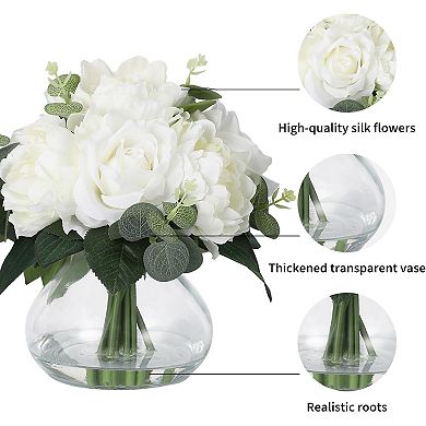 4 Roses & 4 Peonies Artificial Flowers in Glass Vase, Real Touch