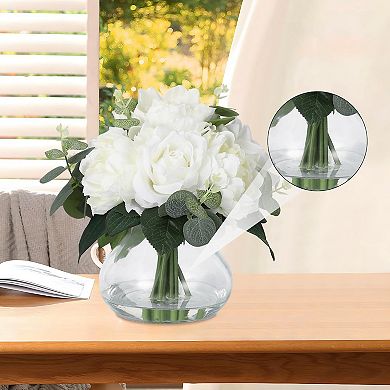 4 Roses & 4 Peonies Artificial Flowers in Glass Vase, Real Touch
