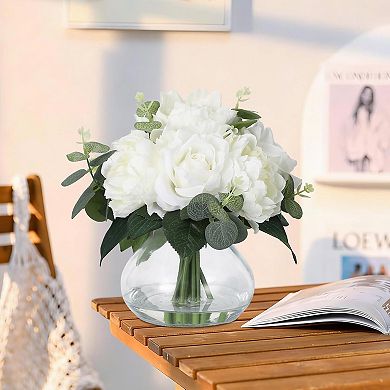4 Roses & 4 Peonies Artificial Flowers in Glass Vase, Real Touch