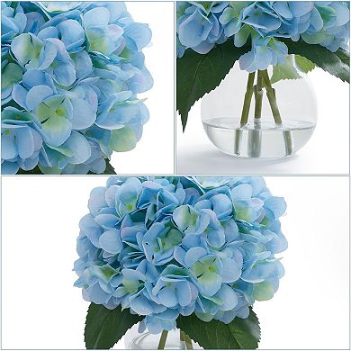 Set of 2 Silk Hydrangea Flowers in Glass Vase with Faux Water