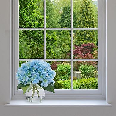 Set of 2 Silk Hydrangea Flowers in Glass Vase with Faux Water