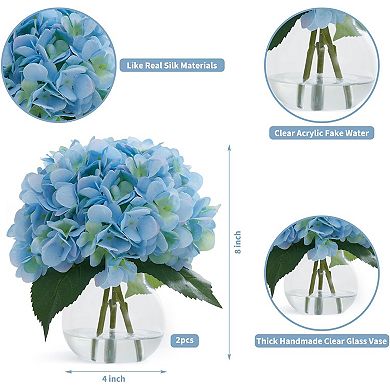 Set of 2 Silk Hydrangea Flowers in Glass Vase with Faux Water