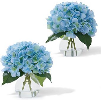 Set of 2 Silk Hydrangea Flowers in Glass Vase with Faux Water