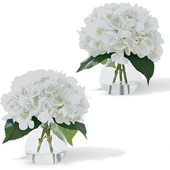 Set of 2 Silk Hydrangea Flowers in Glass Vase with Faux Water