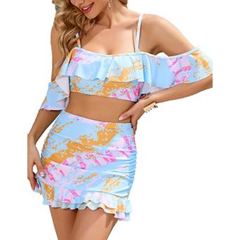 Women's 2 pc Swimsuit Ruffle Cami Swim Top with Skirt High Waisted Beach Bathing Suit