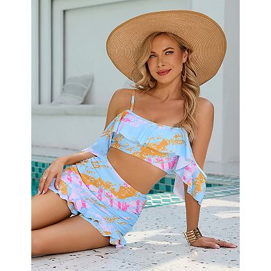 Women's 2 Piece Swimsuit Ruffle Cami Swim Top with Skirt High Waisted Beach Bathing Suit