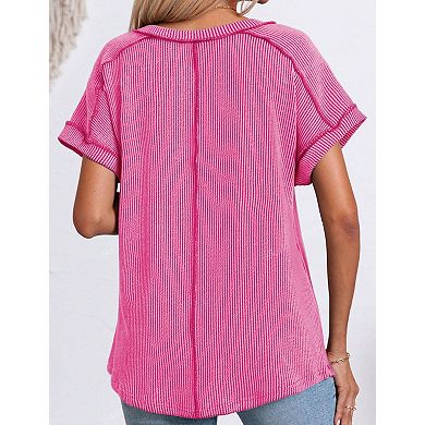 Womens Tops Summer Shirts V Neck Short Sleeve Ribbed Lightweight Casual ...