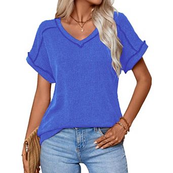 Womens Tops Summer Shirts V Neck Short Sleeve Ribbed Lightweight Casual Tunic Blouses