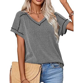 Womens Tops Summer Shirts V Neck Short Sleeve Ribbed Lightweight Casual Tunic Blouses