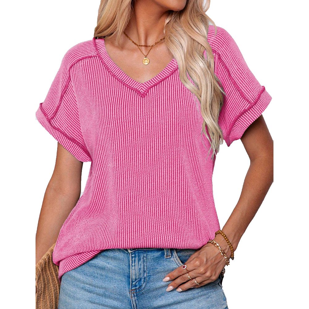 Womens Tops Summer Shirts V Neck Short Sleeve Ribbed Lightweight Casual ...