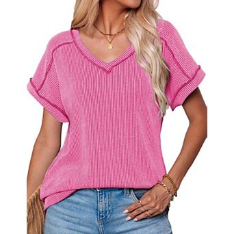 Womens Tops Summer Shirts V Neck Short Sleeve Ribbed Lightweight Casual Tunic Blouses