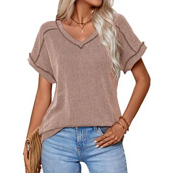 Womens Tops Summer Shirts V Neck Short Sleeve Ribbed Lightweight Casual Tunic Blouses