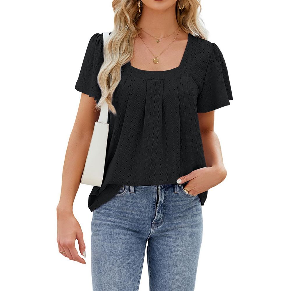 Womens Puff Short Sleeve Shirts Casual Square Neck Casual Blouse Summer ...