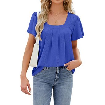 Womens Puff Short Sleeve Shirts Casual Square Neck Casual Blouse Summer Dressy Tunic