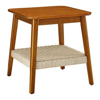 TEINIE Mid-Century Side Table with Woven Shelf for Living Room Bedroom