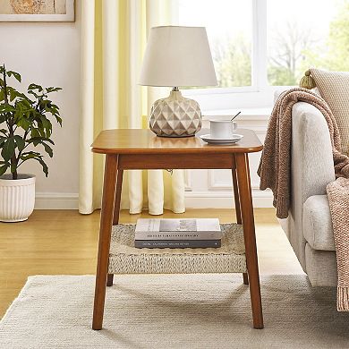 TEINIE Mid-Century Side Table with Woven Shelf for Living Room Bedroom