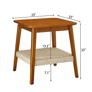 TEINIE Mid-Century Side Table with Woven Shelf for Living Room Bedroom