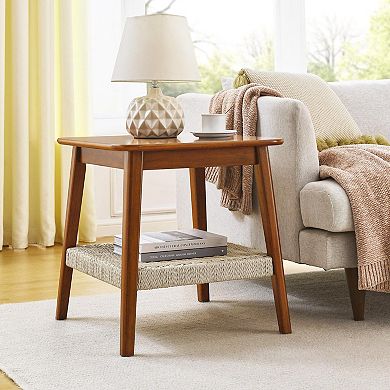 TEINIE Mid-Century Side Table with Woven Shelf for Living Room Bedroom