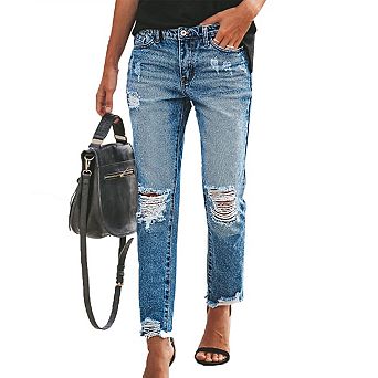 Womens Jeans Long High Waisted Stretchy Ripped Distressed Tummy Control Straight Ankle Jean