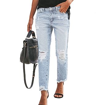 Womens Jeans Long High Waisted Stretchy Ripped Distressed Tummy Control Straight Ankle Jean