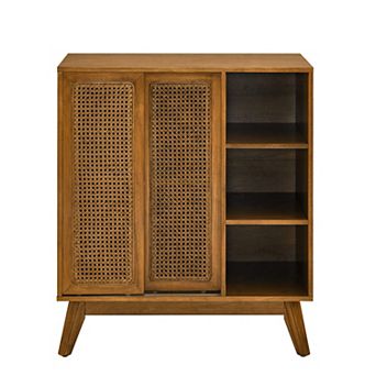 TEINIE 31.5" Mid-Century Rattan Buffet Cabinet with Outlet Holes Light Wood