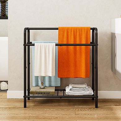 BONAUGURE Black 30-in. 3-Tier Freestanding Metal Towel Rack with Mesh Shelf