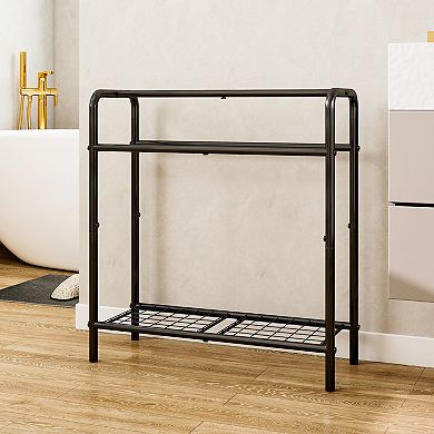 BONAUGURE Black 30-in. 3-Tier Freestanding Metal Towel Rack with Mesh Shelf