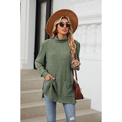 Womens Tunic Tops Turtleneck Long Sleeve Shirts Side Split High Low Hemline Fall Sweaters