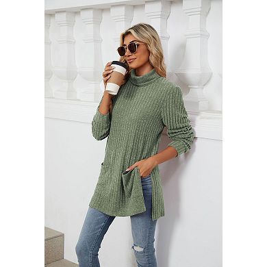 Womens Tunic Tops Turtleneck Long Sleeve Shirts Side Split High Low Hemline Fall Sweaters