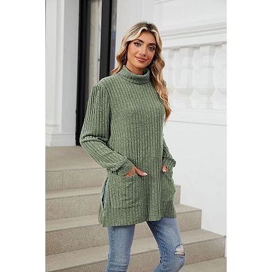 Womens Tunic Tops Turtleneck Long Sleeve Shirts Side Split High Low Hemline Fall Sweaters