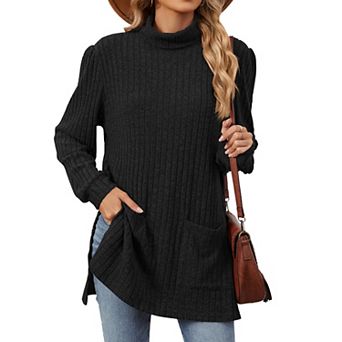 Womens Tunic Tops Turtleneck Long Sleeve Shirts Side Split High Low Hemline Fall Sweaters