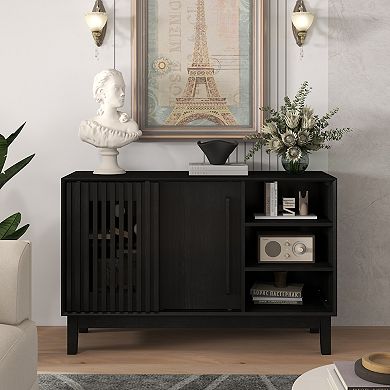 TEINIE 47" Farmhouse Fluted Buffet Cabinet with Outlet Holes Black