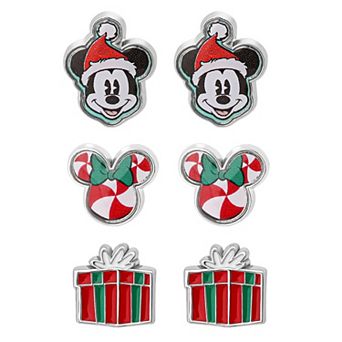 Disney Holiday Stud Earring Set, 3 Pairs - Mickey Santa, Peppermint Ears & Gifts, Silver‑Tone
