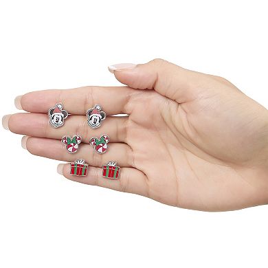 Disney Holiday Stud Earring Set, 3 Pairs - Mickey Santa, Peppermint Ears & Gifts, Silver‑Tone
